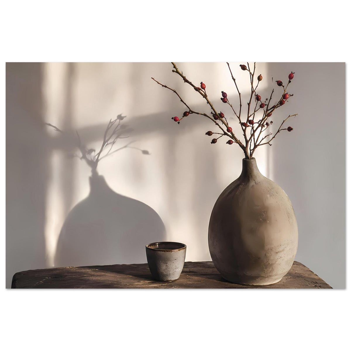 Stilllebenposter im Querformat mit beiger Vase und roten Beerenzweigen, Keramikbecher auf Holz