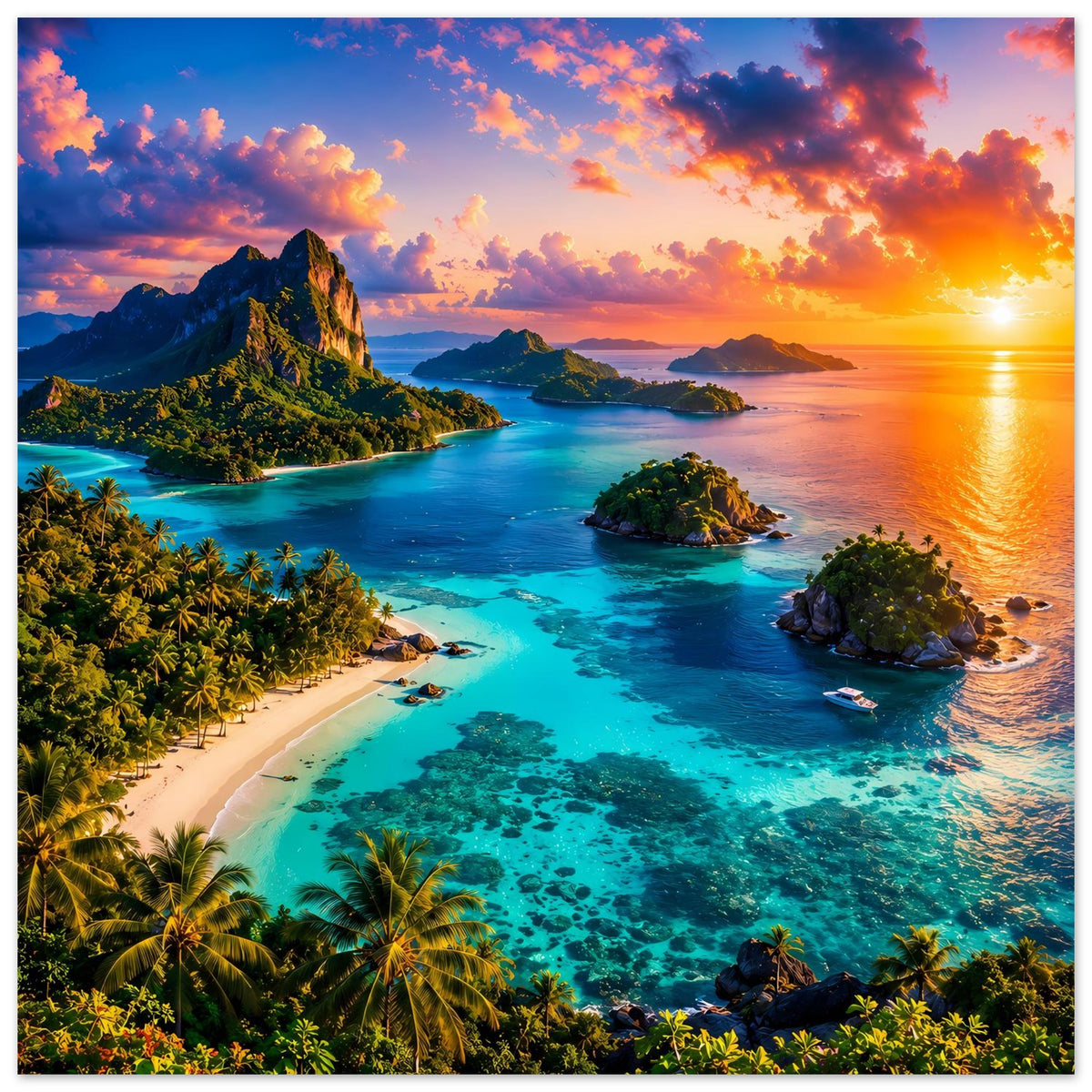 Horizontales Poster mit türkisblauer Lagune, Palmen und Sonnenuntergang am Meer