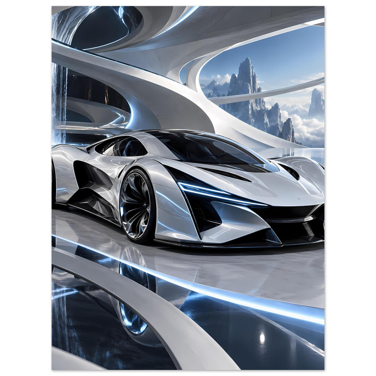 Auto-Poster (Hochformat): silberner Supersportwagen mit schwarzen Aeroteilen und blauen Linien.