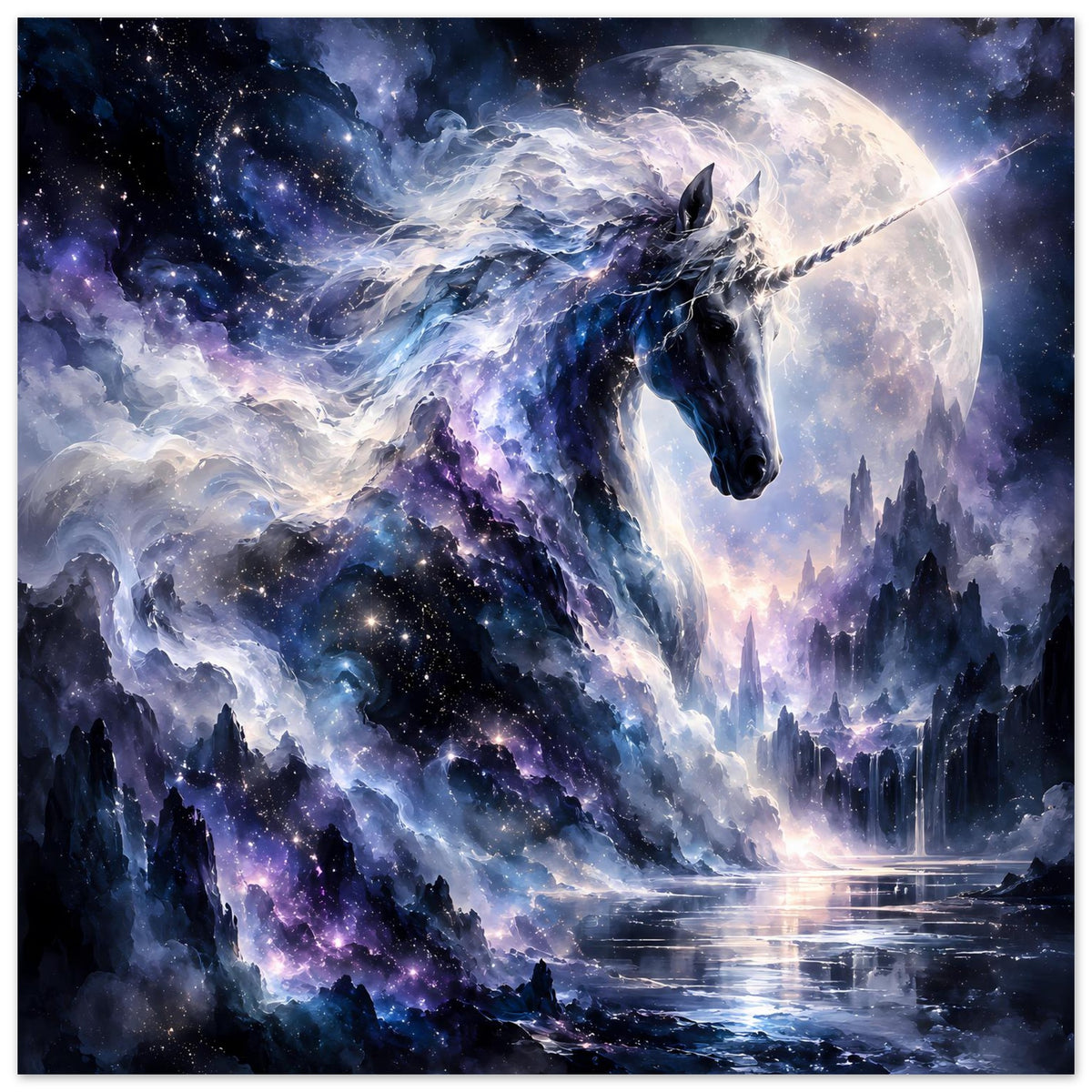 Unicorn-Galaxieposter mit blauem Fabelwesen, Mond, Sternen und Wasserreflexionen