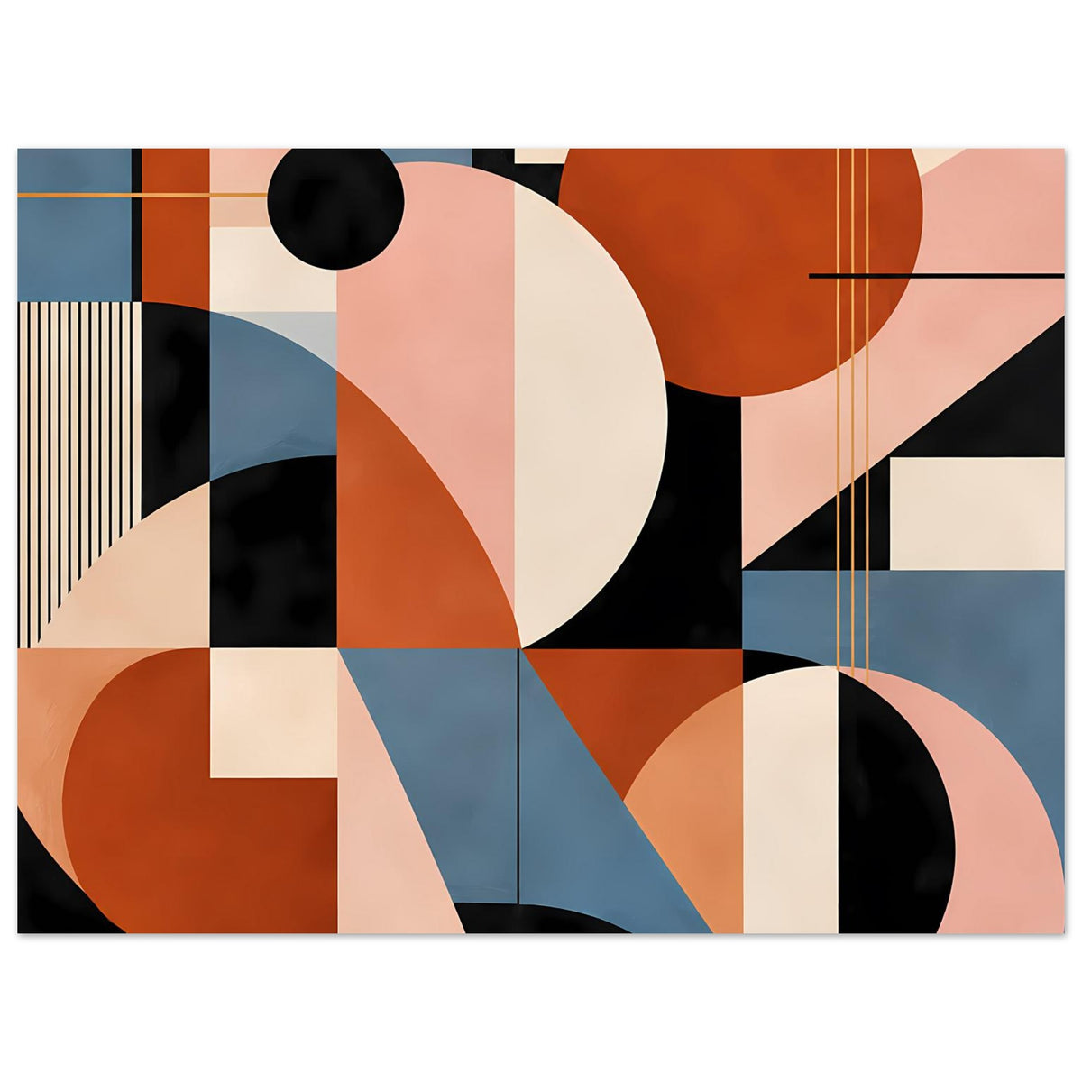 Geometrisches Kunstposter mit großem Kreis oben, schwarzer Kugel links und diagonalen Bandformen