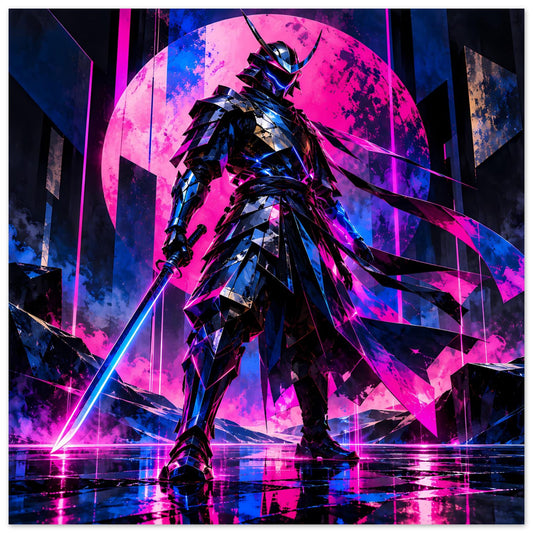 Neon-Samurai Poster: stehender Cyberpunk-Krieger mit Neon-Armor in Pink und Blau