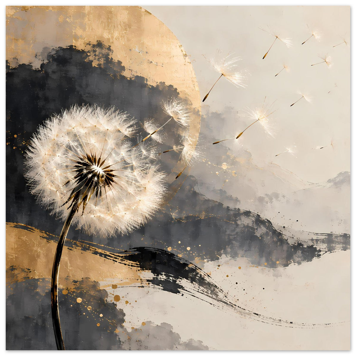 Kunstposter mit Pusteblume, weißes Flaumkugel-Motiv, schwarze und goldene Spritzer