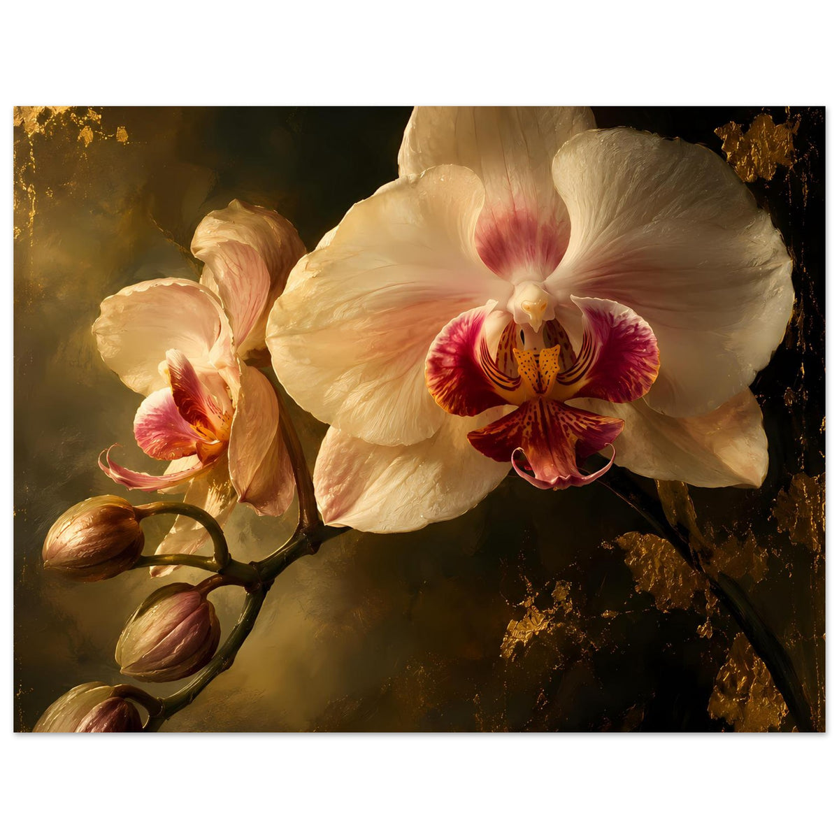 Orchideenposter: große cremeweiße Blüte mit rosa Zonen, daneben mehrere Knospen