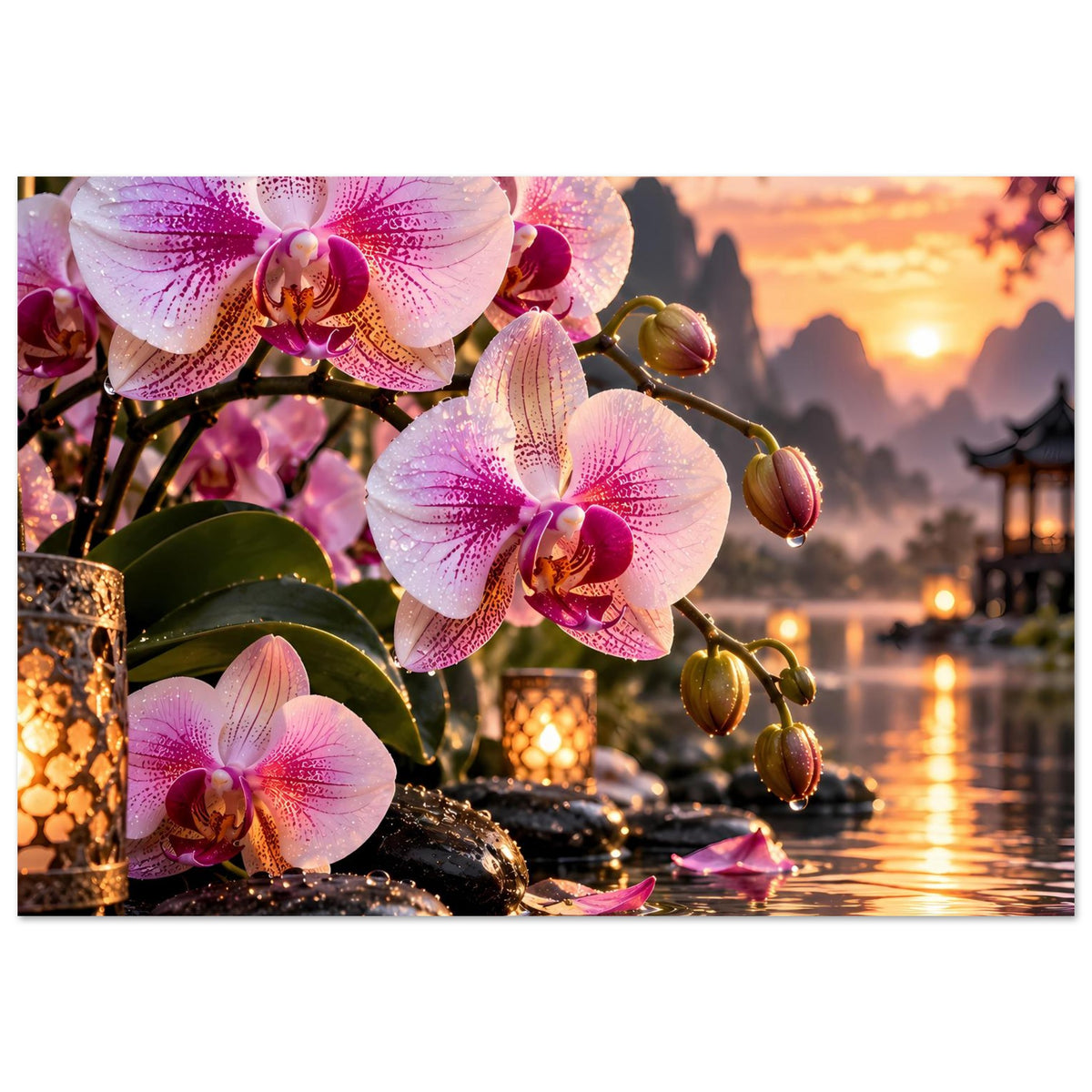 Poster mit rosa Orchideenblüten, goldenen Kerzen und ruhigem See mit Reflexionen
