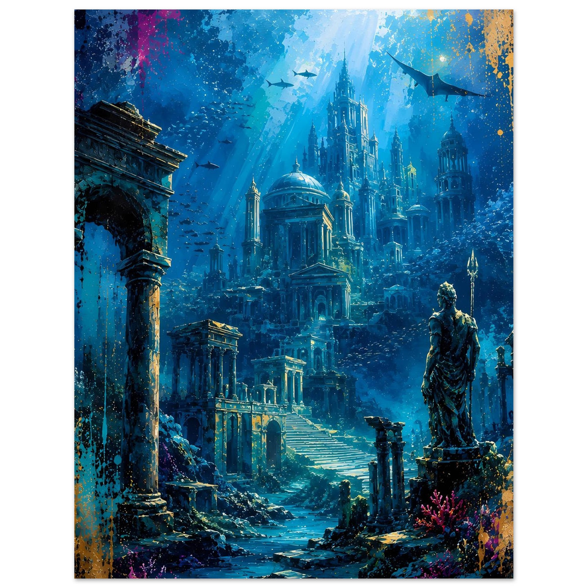 Poster mit Unterwasserstadt Atlantis im Hochformat, Türme und Statue rechts