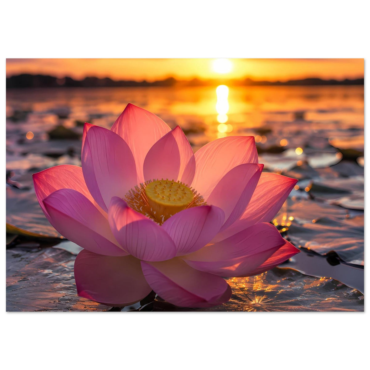 Poster im Querformat: Lotusblüte in Rosa und Lila, gelblicher Blütenkern klar sichtbar