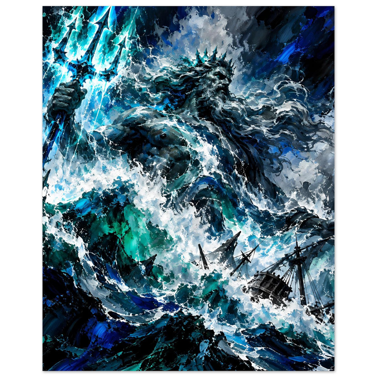 Sturm-Poster im Hochformat: Poseidonfigur mit Meeresschaum, blauem Blitzlicht und Schiffen