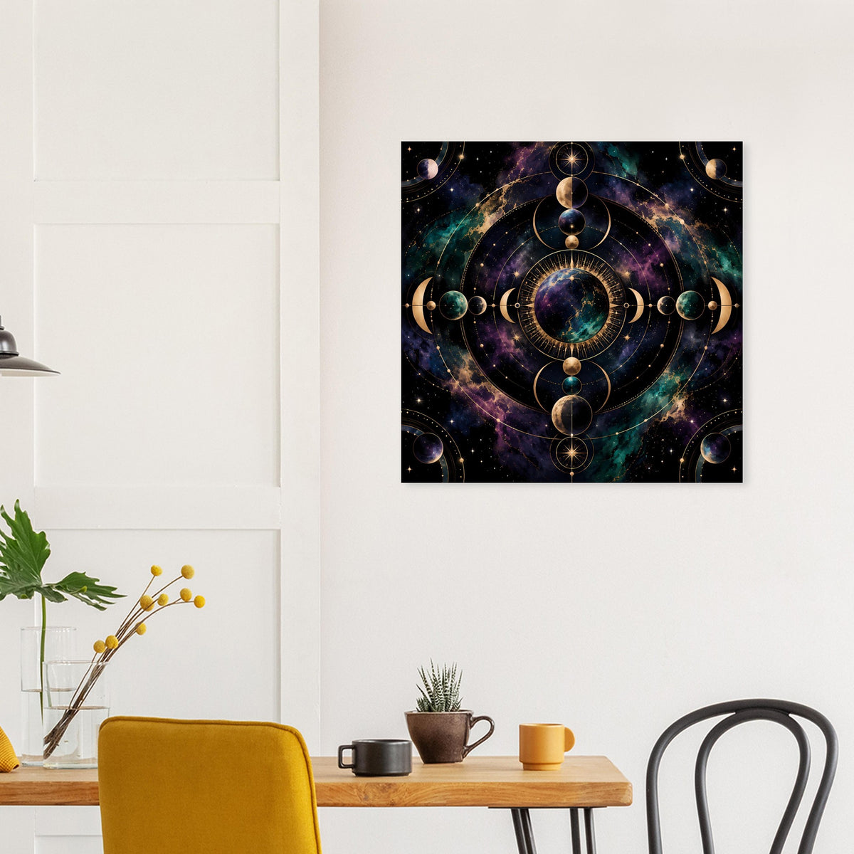 Gerahmtes Poster mit kosmischem Mondphasen-Motiv, goldene Ringe und Planeten vor hellem Hintergrund