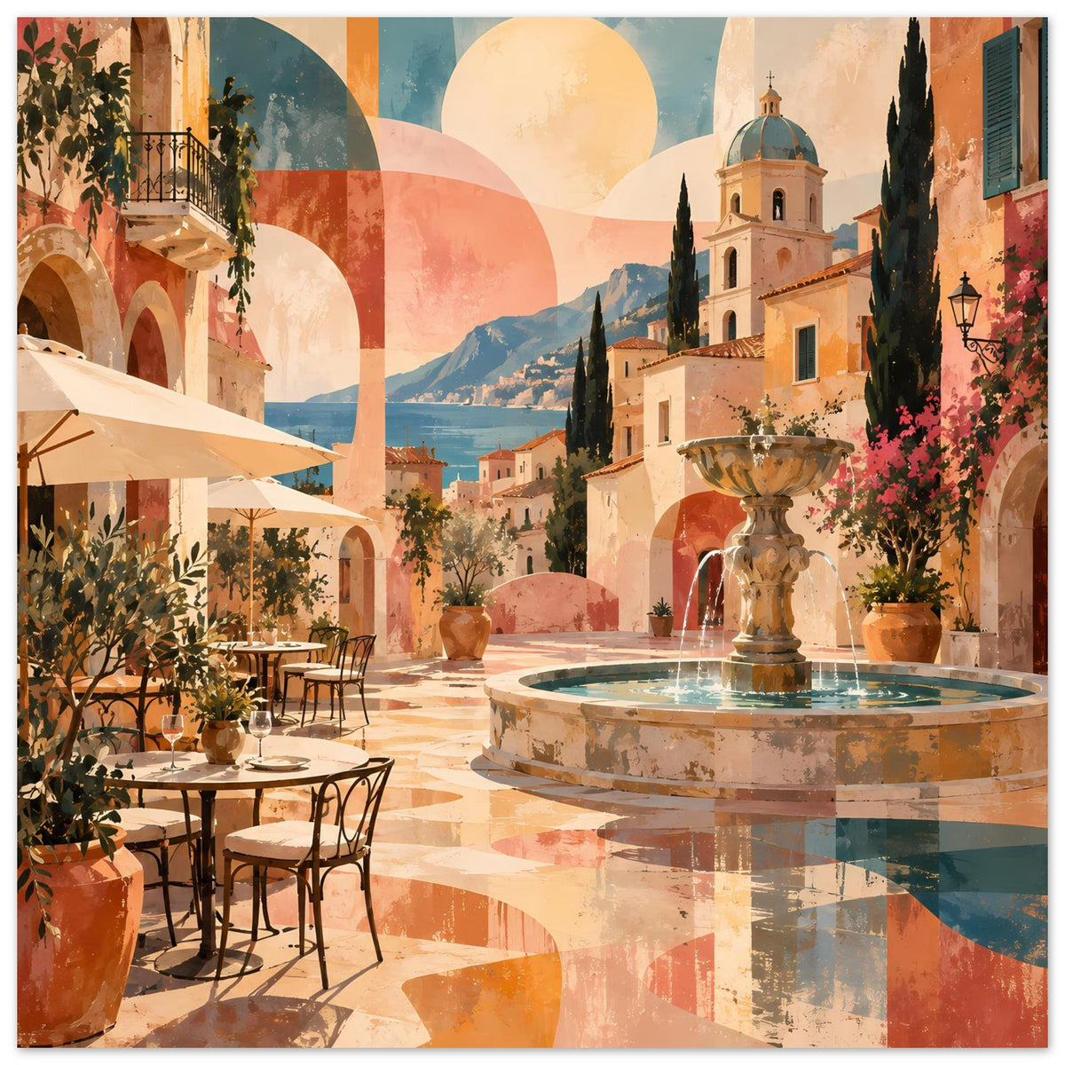Poster: Mediterrane Gasse mit Kirche, Brunnenpokal und warmen Pastellfarben
