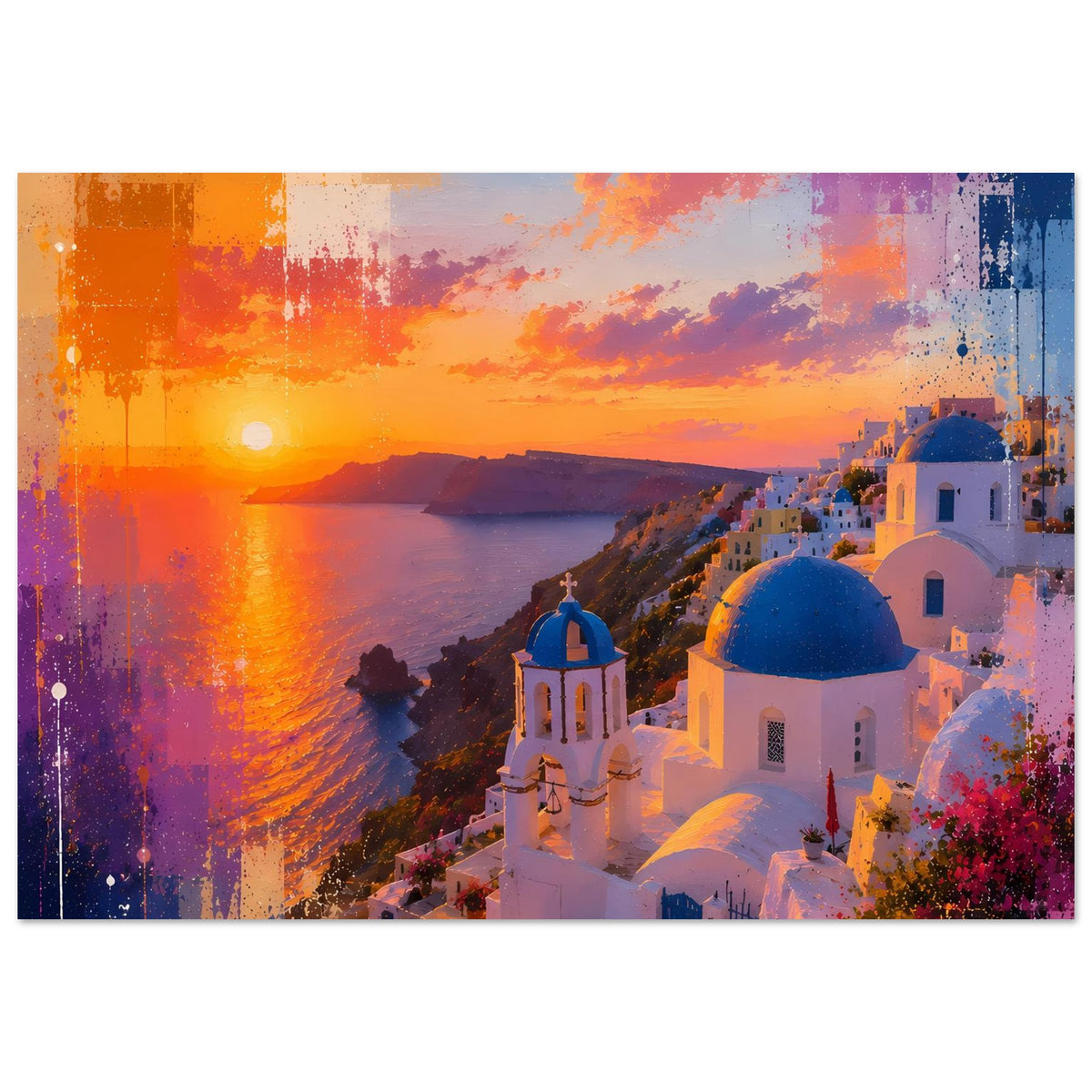Wandposter im Querformat: Sonnenuntergang am Meer, weiße Häuser und blaue Kuppeln