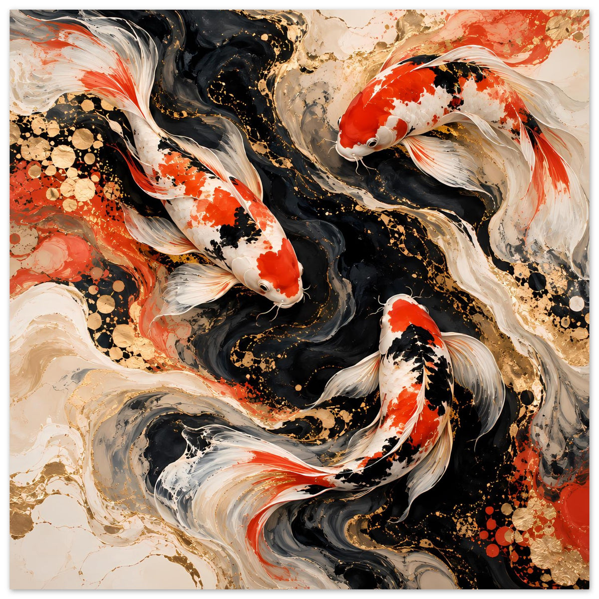 Kunstposter mit Koi-Fischen in Rot, Schwarz und Weiß, goldene Kreise und Farbflächen