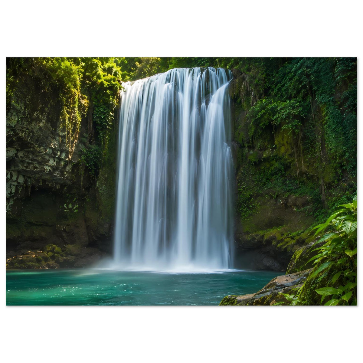Wasserfall-Poster (Quer-/Hochformat): breiter Wasserfall, türkisgrünes Becken und Uferfelsen