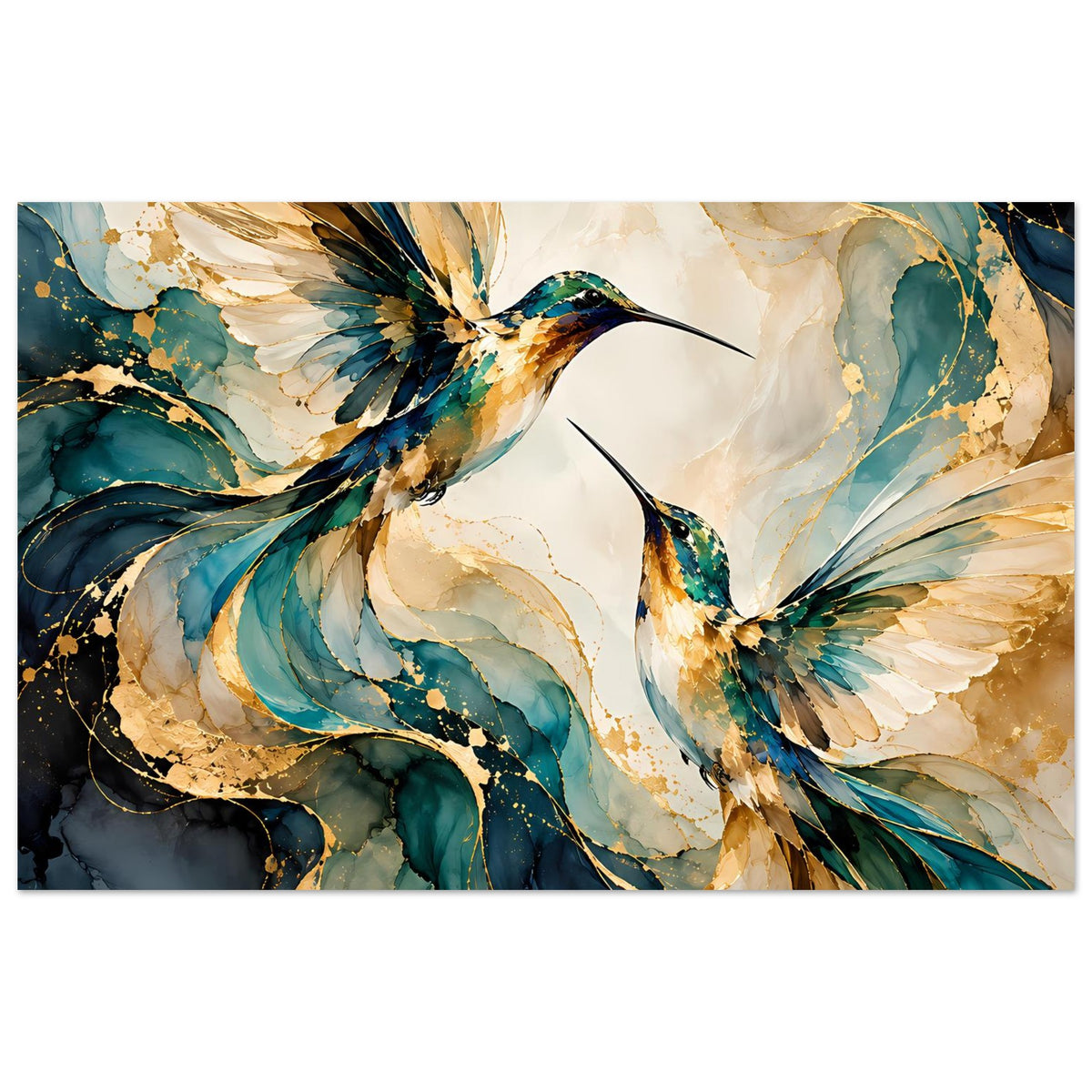 Vogelposter mit zwei schwebenden Kolibris, blau-goldene Federn und abstrakten Farbspritzern