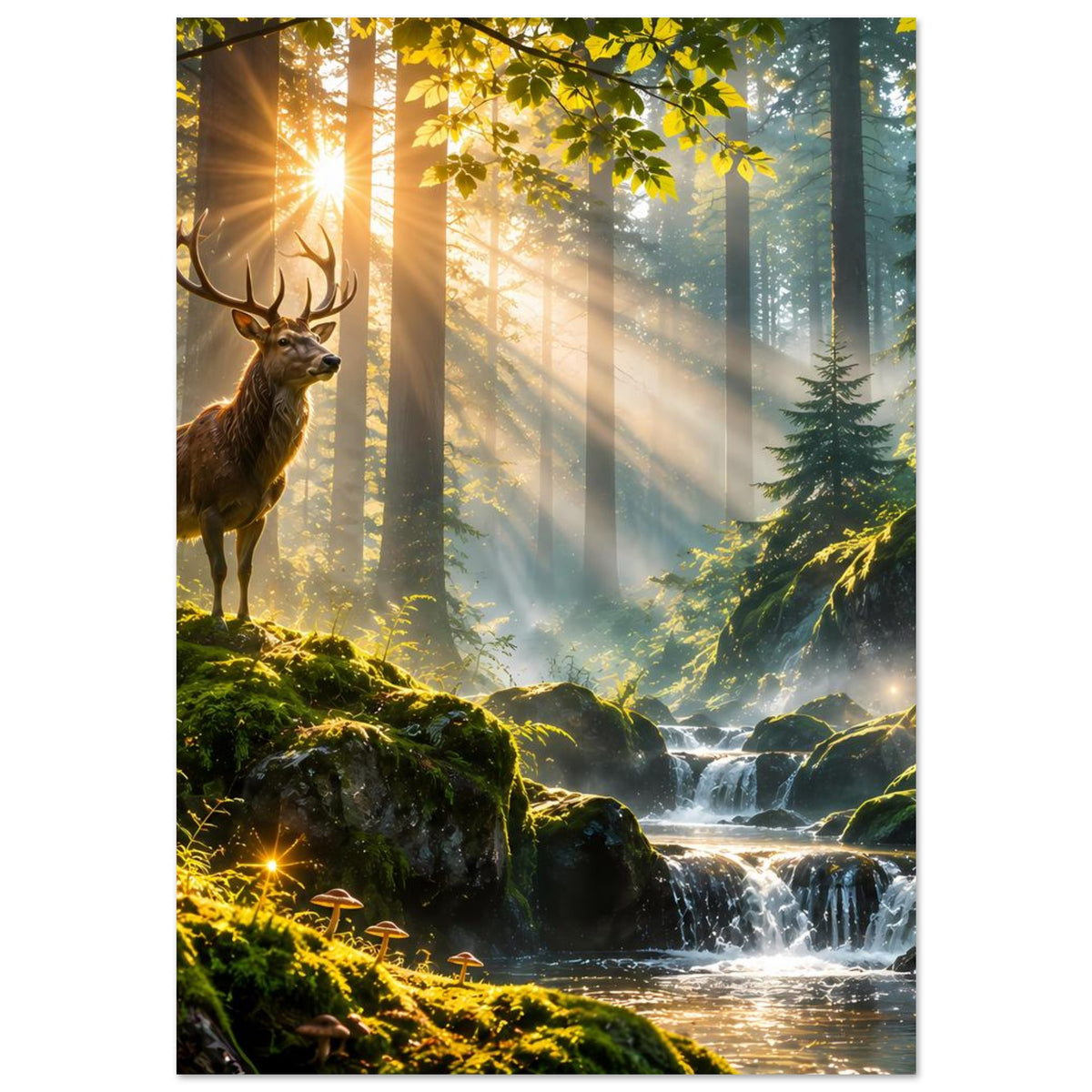 Wandposter: Hirsch auf moosigem Felsen im Dschungelwald, Sonnenstrahlen, Wasserfall und goldene Lichter