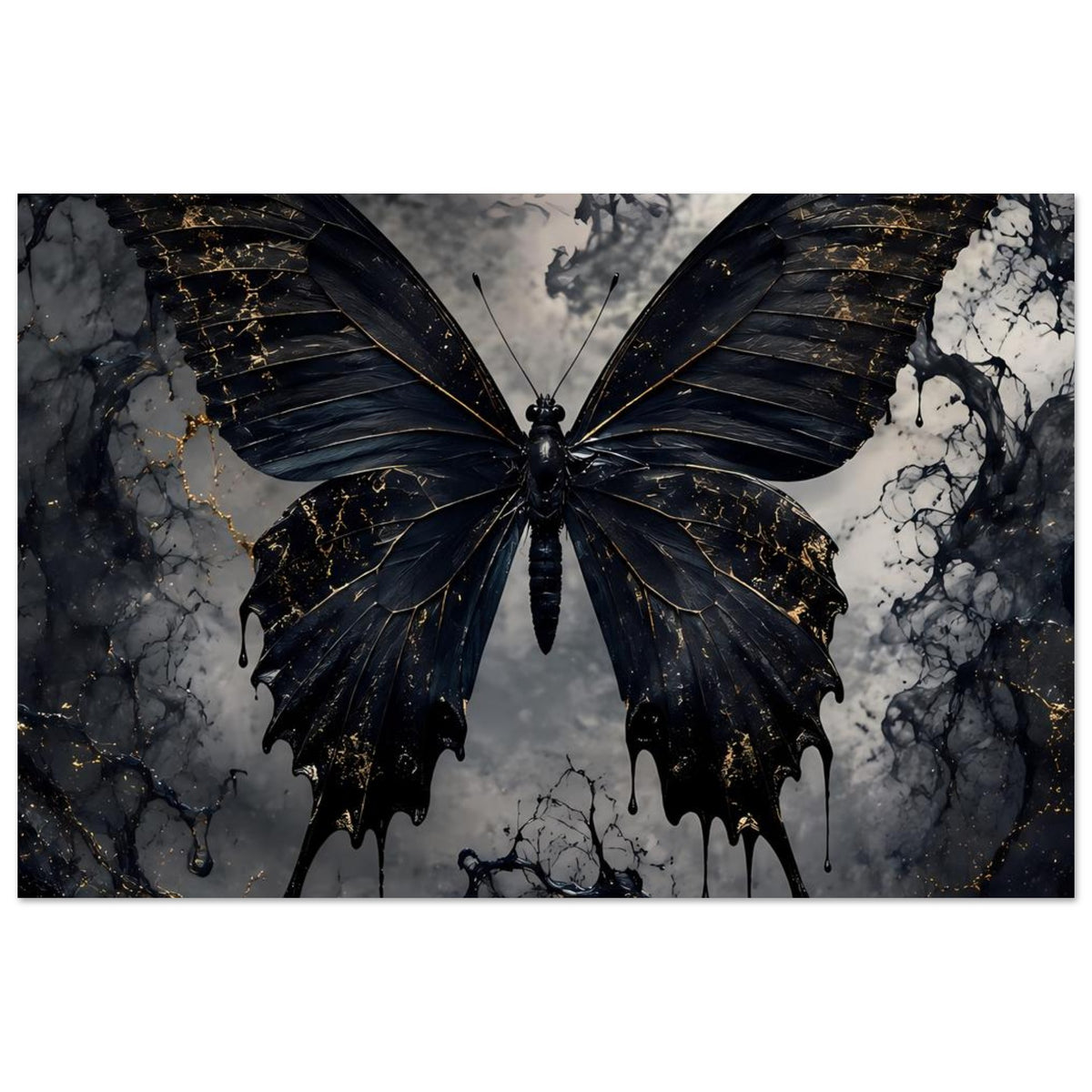Poster mit schwarzem Schmetterling, goldene Adern, zentriert; Flügel mit Tropfenspuren