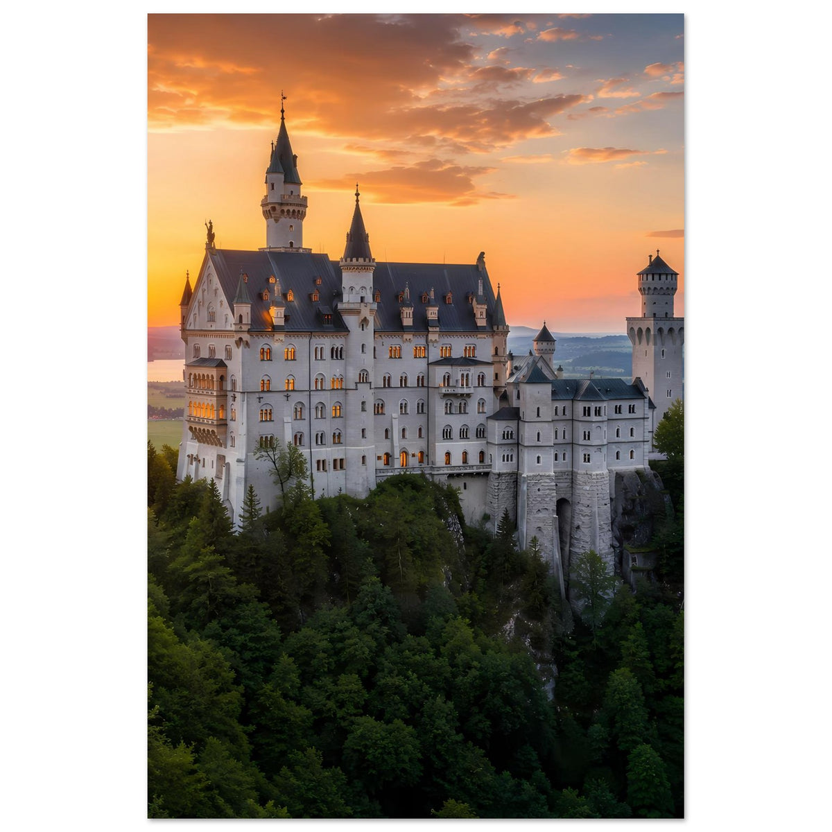Hochformat-Poster mit weißem Schloss und Türmen im orangefarbenen Sonnenuntergang