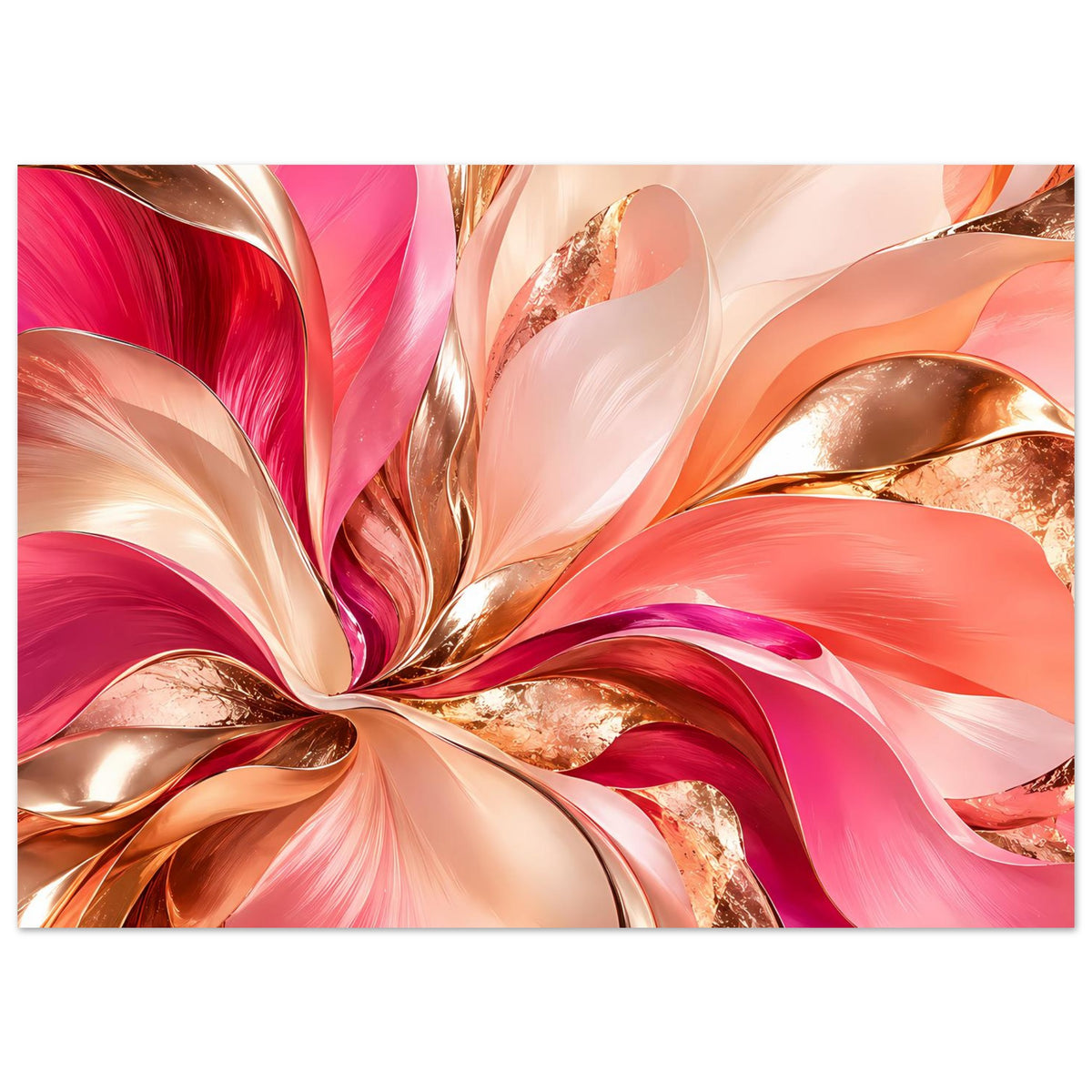 Abstraktes Blumenposter im Querformat mit rosa/pinken Wellen und goldfarbenem Glanz, gerahmt.