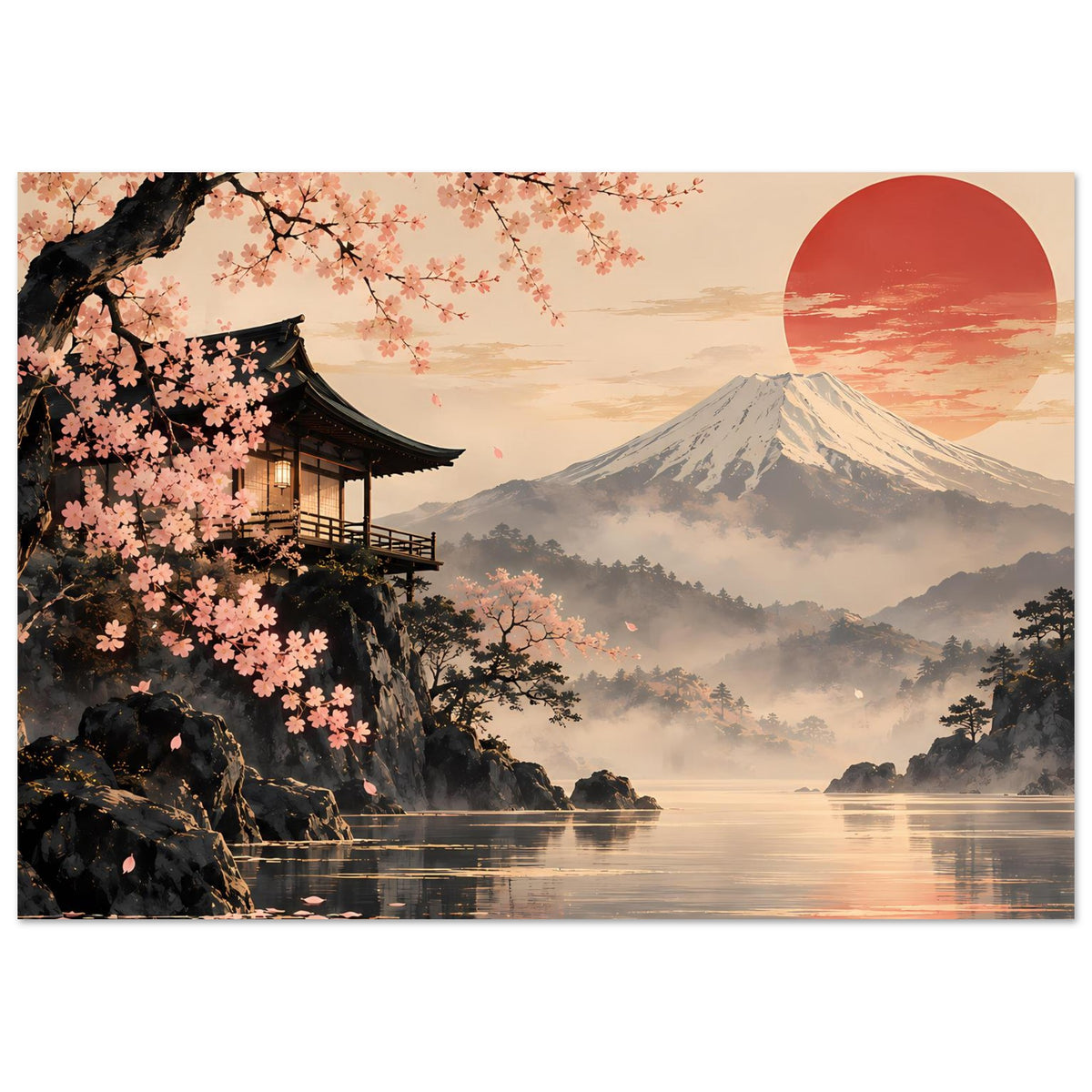 Wandposter im Querformat mit Kirschblütenzweigen, Mount Fuji, roter Sonne und Seeufer
