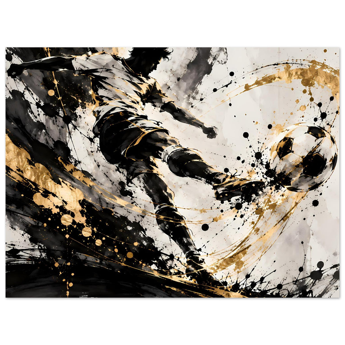 Poster zeigt Fußballspieler im Schuss in Schwarz und Gold, dynamische Spritzer