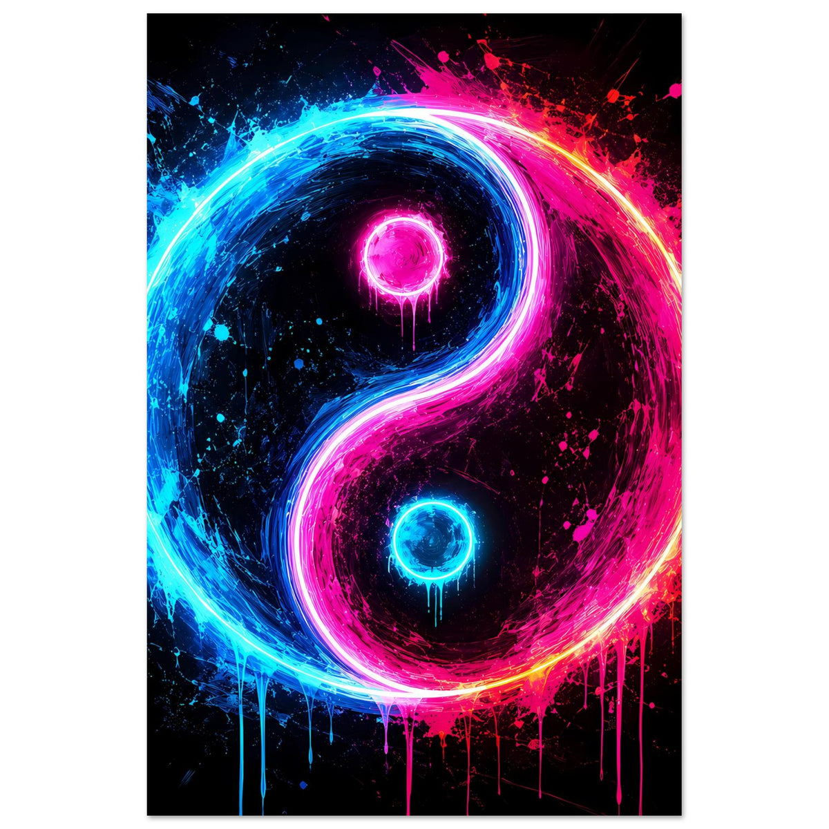 Hochkant-Poster mit leuchtendem Yin-Yang in Neonblau, Pink und Farbspritzern