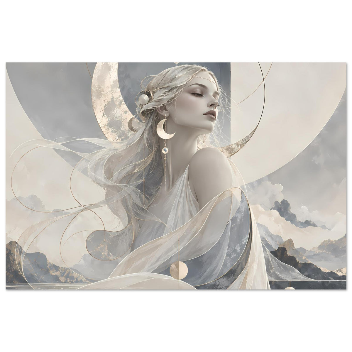 Horizontales Poster mit Mondgöttin im beigen, wallenden Gewand vor Mond und Himmelwolken