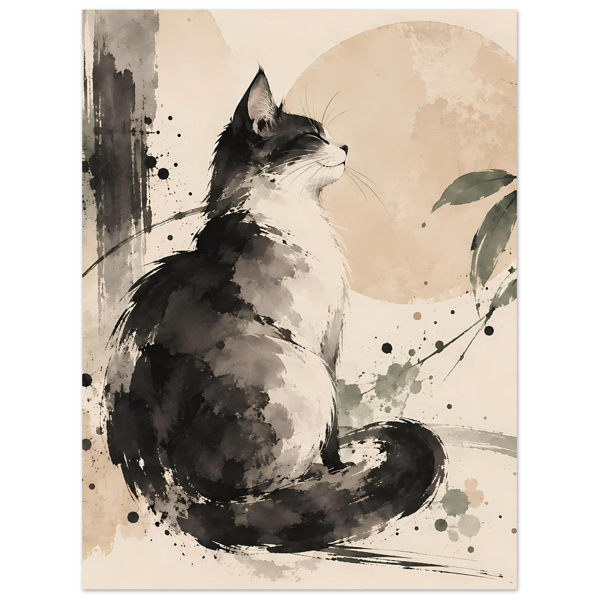 Poster mit Katze im Aquarellstil, schwarze Federzeichnung, Blätterzweig rechts, vertikal