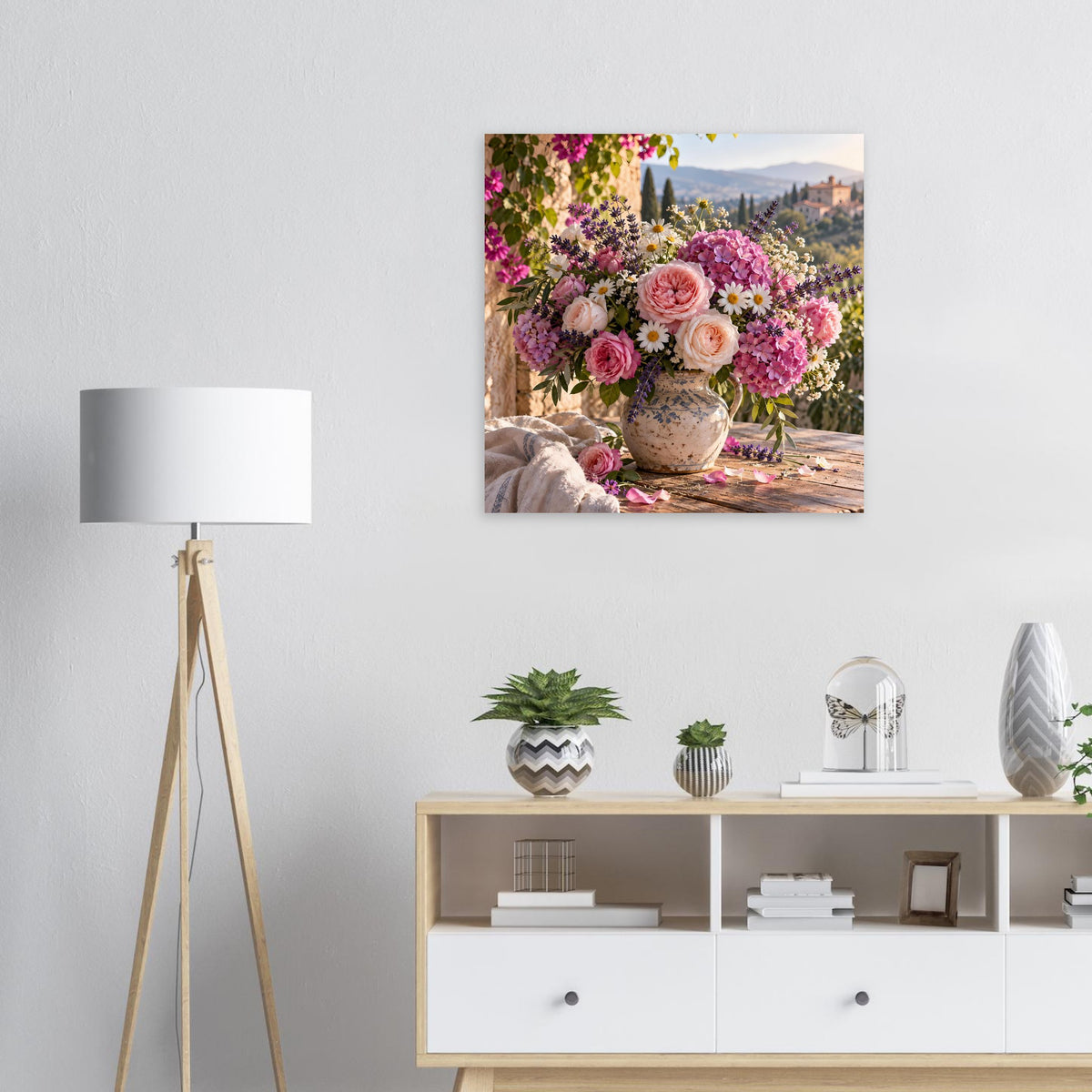 Blumenposter mit buntem Strauß aus Rosen und Margeriten in Vase