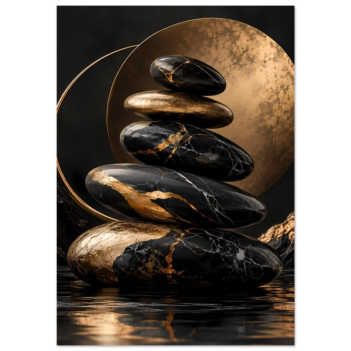 Poster mit Zen-Steinen in Schwarz, Goldakzenten und goldener runder Scheibe