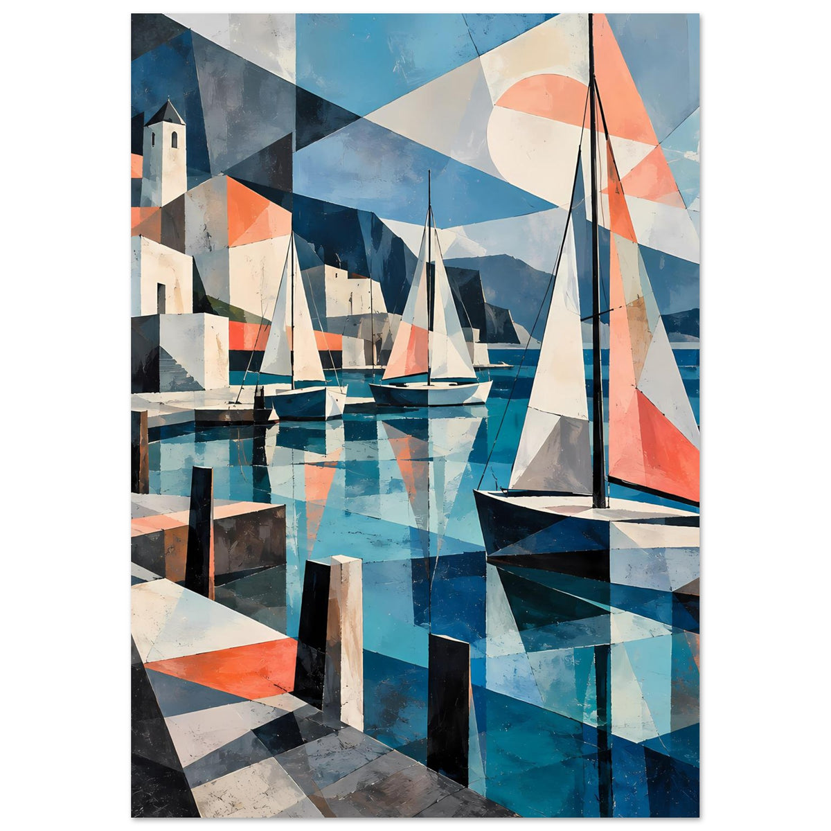 Kubistisches Hafenposter mit Segelbooten und geometrischen Wasserflächen in Blau und Koralle – Ansicht 43