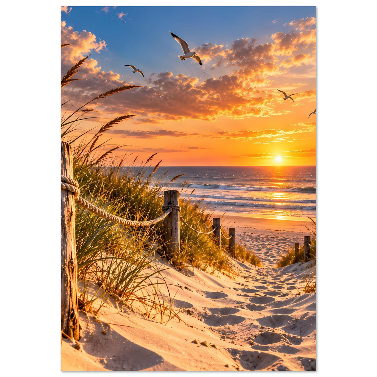 Strandposter mit Sonnenuntergang, Sandstrand, Dünengras und fliegenden Möwen