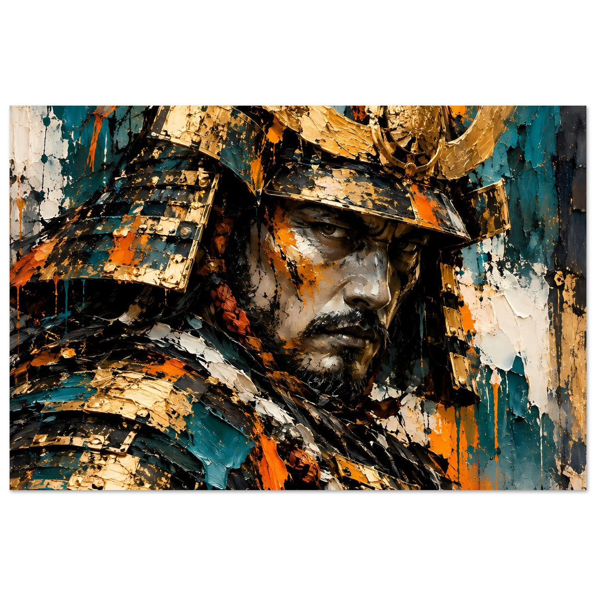 Horizontales Poster mit Samurai-Krieger: Helm, Bart, goldene Platten und Farb-Spritzer