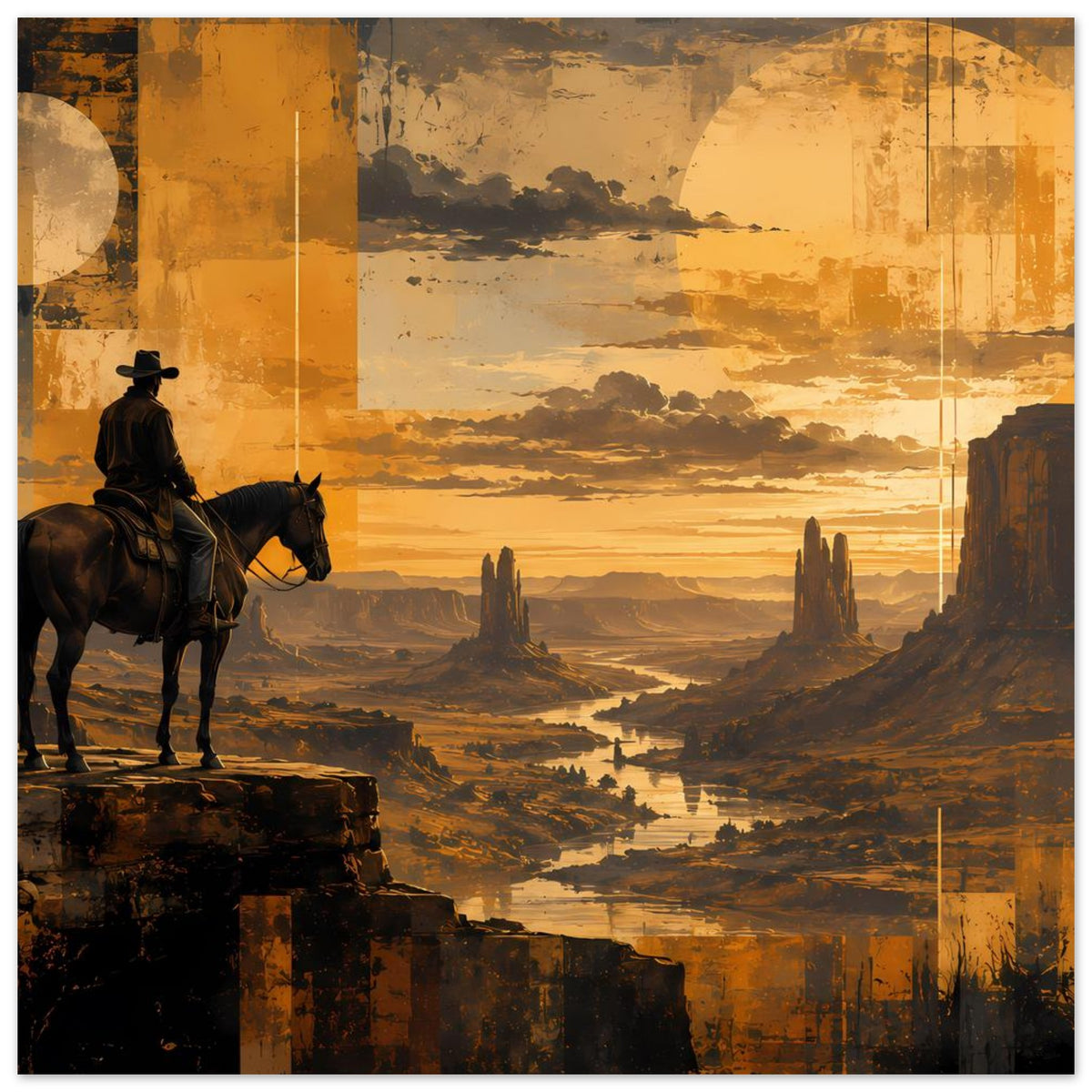 Horizontales Poster: Cowboy auf Pferd links, Wüstenkanjon mit Sonnenuntergang und Wolken