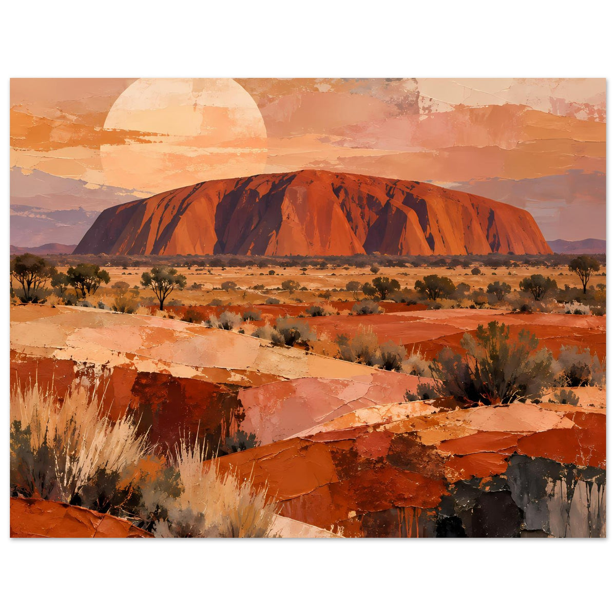Poster im Querformat mit Uluru-Wüstenlandschaft, Halbsonne und warmen Erdtönen