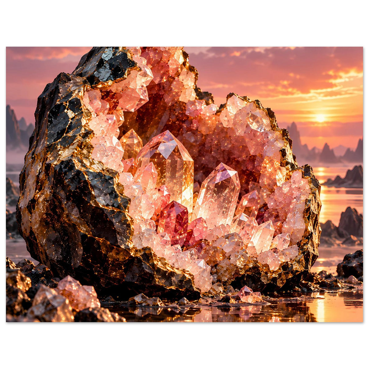 Poster mit leuchtender Geode aus rosa Kristallen und schwarzem Gestein, Querformat