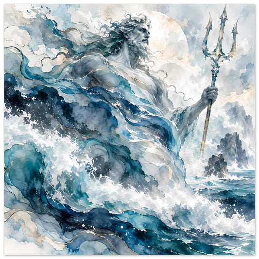 Mythologisches Kunstposter: Neptun mit Dreizack über blauen Wellen, vor hellem Mond