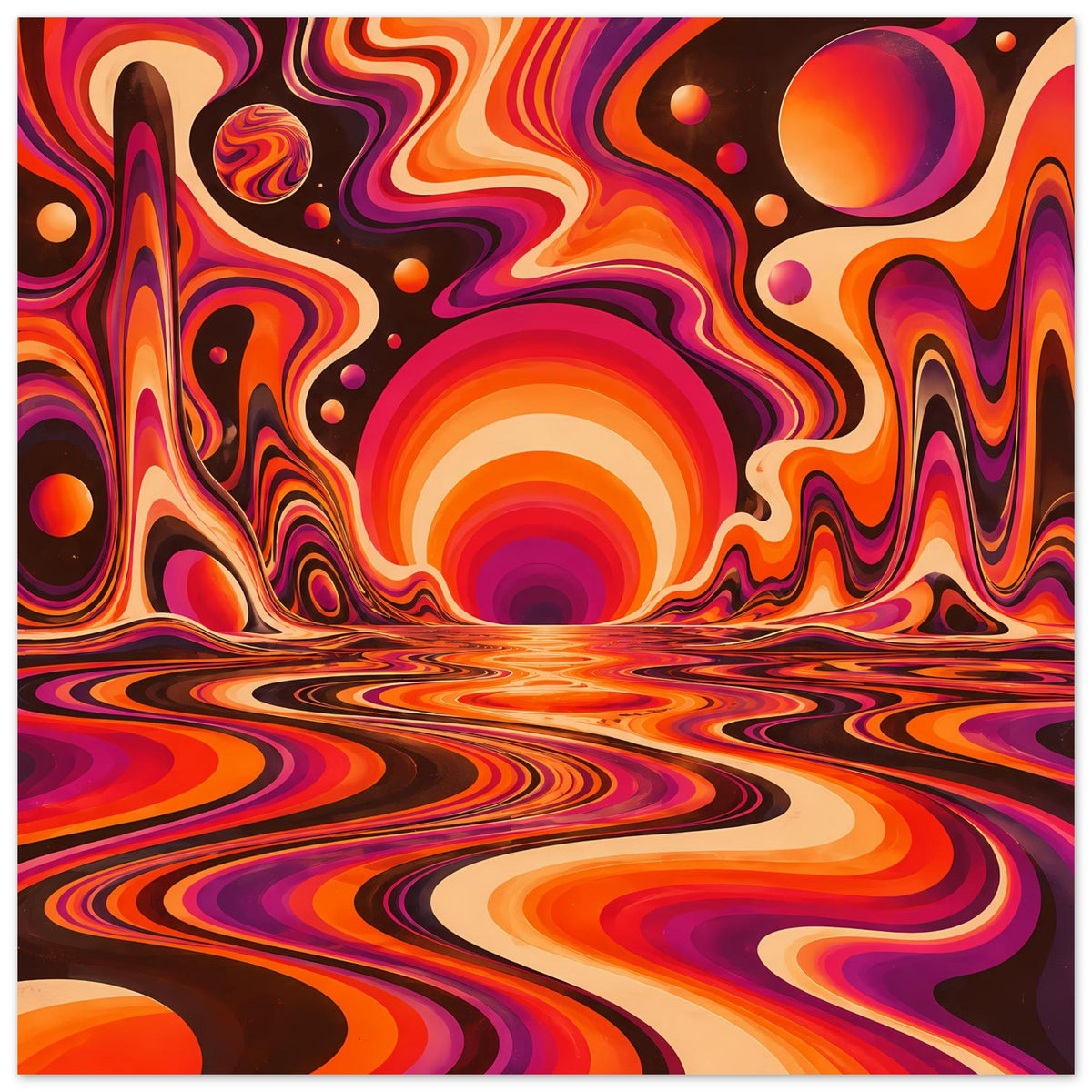Horizontales Poster mit leuchtenden orange-violetten Spiralen, Wellen und Kreislichtern