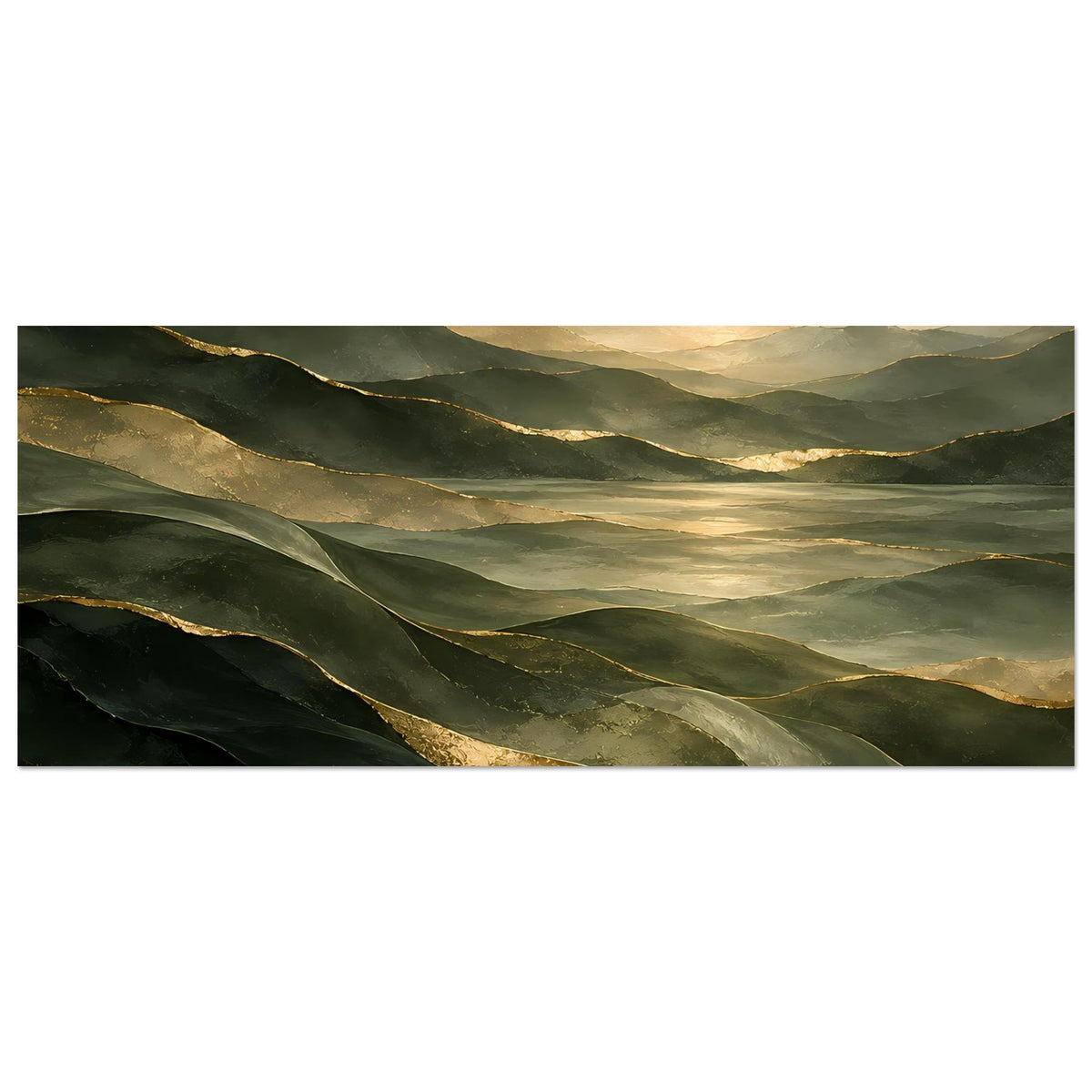 Landschaftsposter im Querformat mit grünen Hügeln und goldenen Lichtbändern