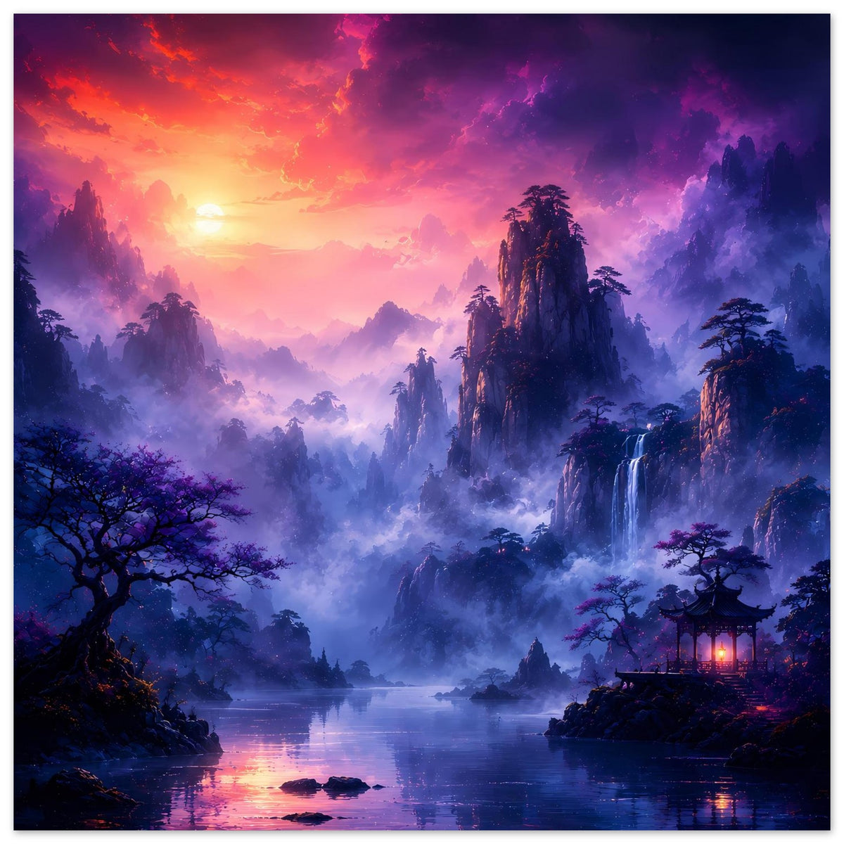 Fantasy-Poster mit Nebelbergen, See im Dunst, Wasserfall und warmem Licht am Horizont