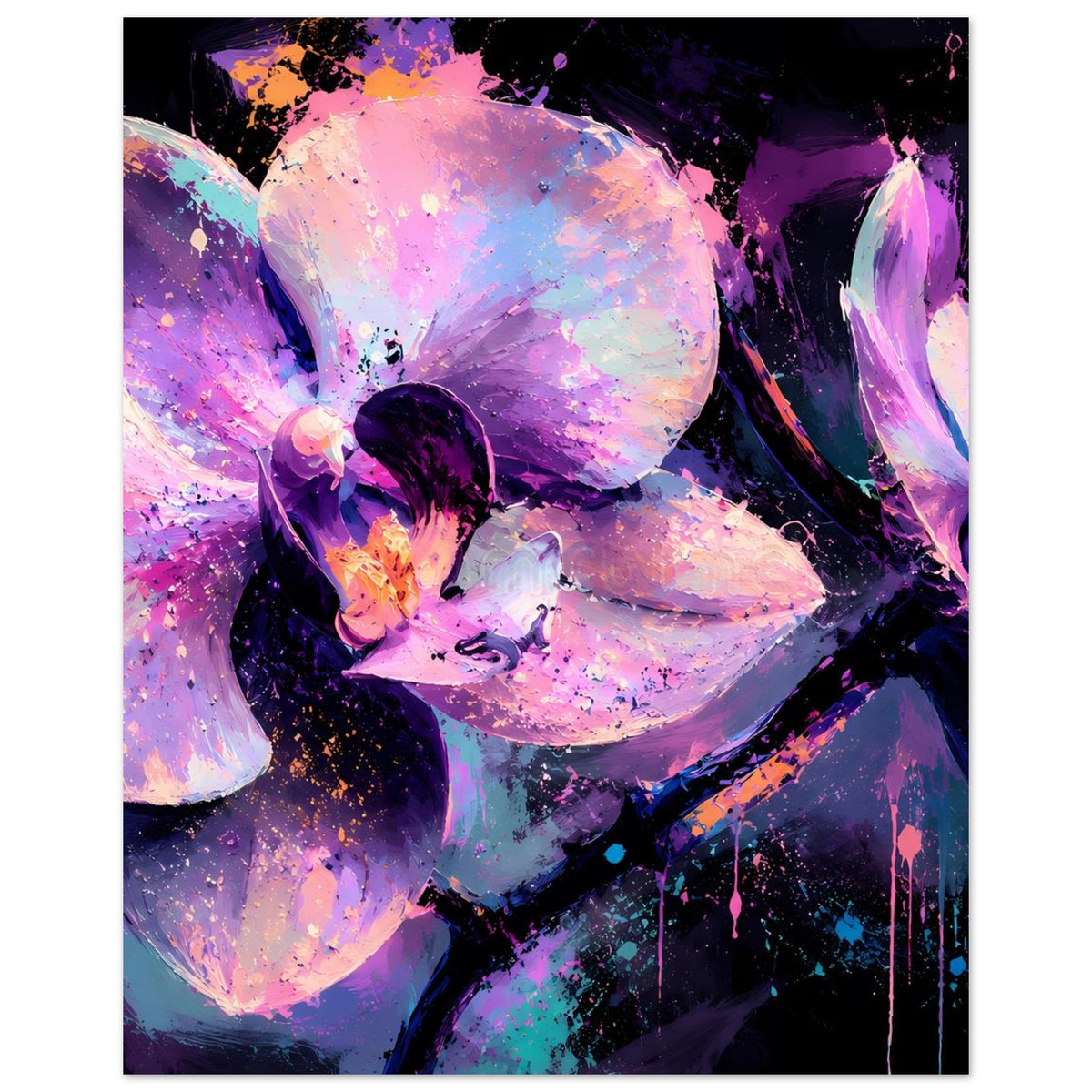 Abstraktes Neon-Orchideenposter, klarer Fokus auf zentrale Blüte in Violett und Pink.