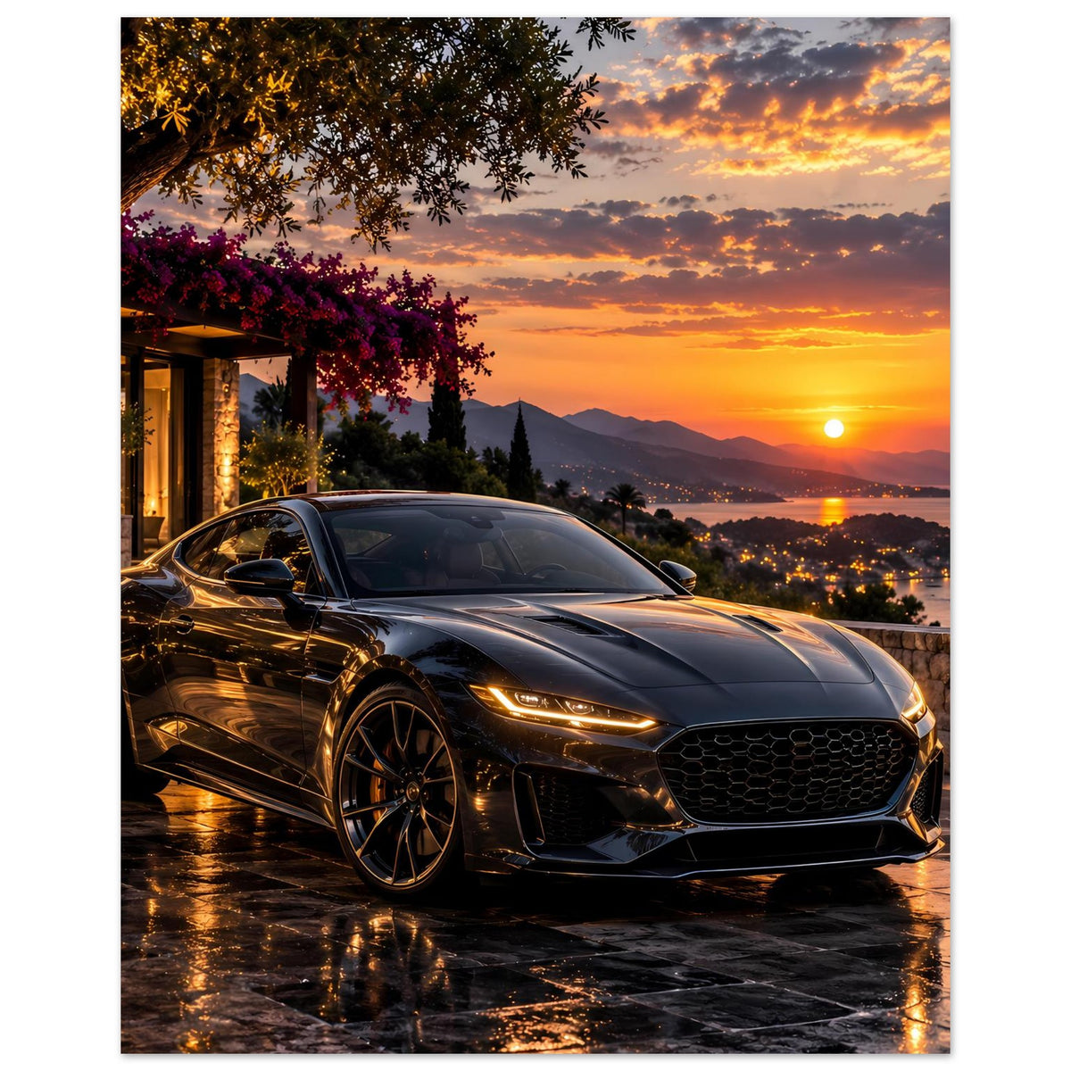 Sportwagen-Poster im Hochformat: schwarzer Sportwagen am Sonnenuntergang, Blick auf Küste
