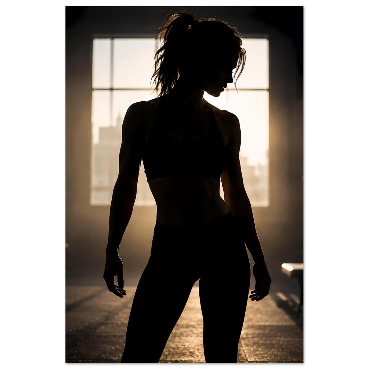 Sportposter im Hochformat: dunkle Silhouette einer Athletin mit erhobenem Arm