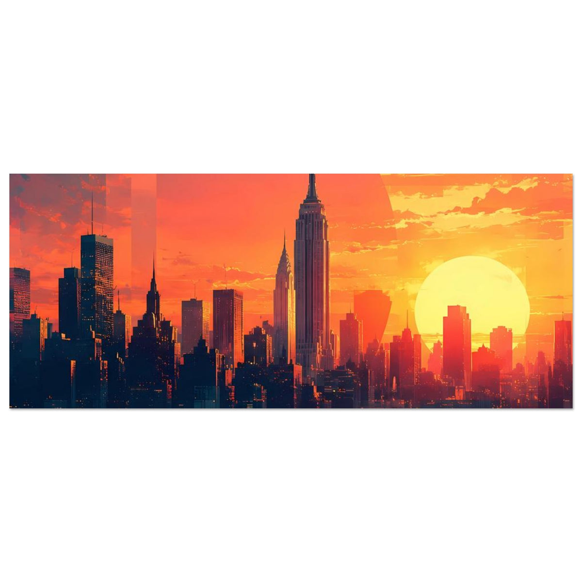 Horizontales Poster mit Stadtsilhouette, orange-gelbem Himmel, großer Sonne und Wasserreflexen.