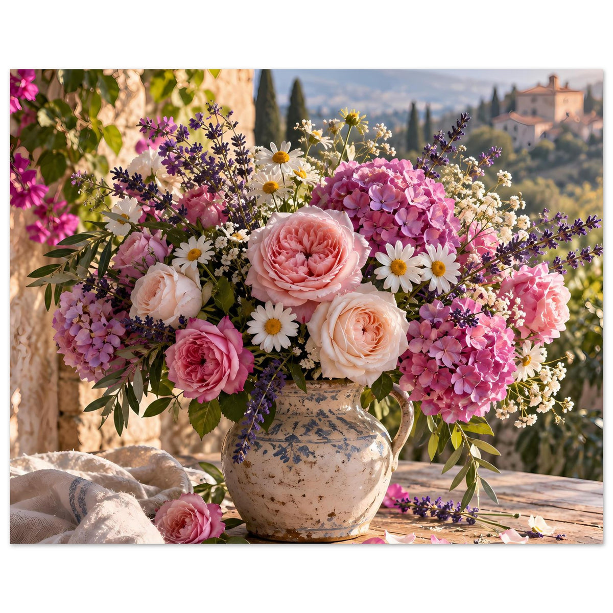Blumenposter mit buntem Blumenstrauß in Vase, kräftige Rosa- und Violetttöne
