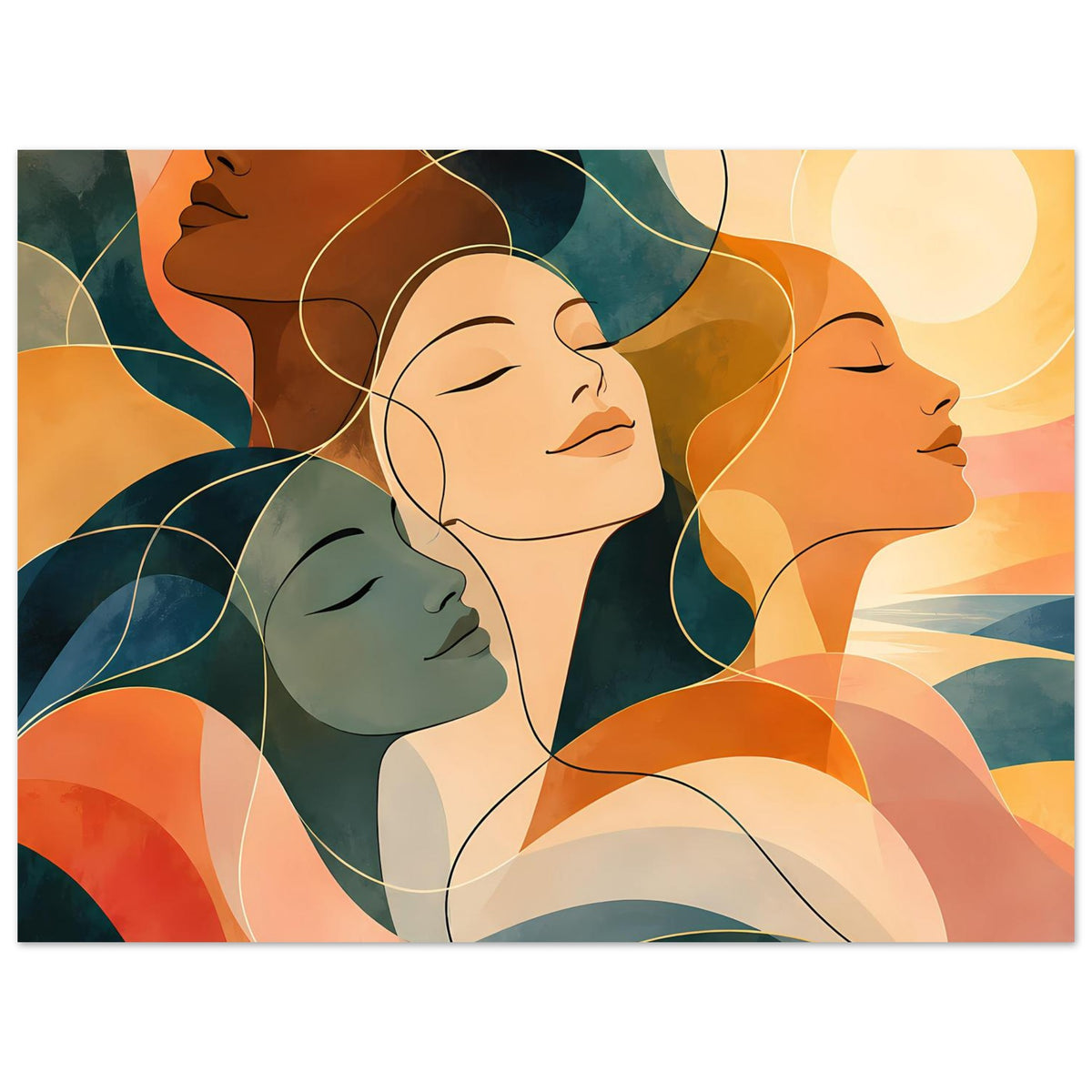 Kunstposter im Querformat: vier Frauenporträts in Orange-Braun mit Blauakzenten