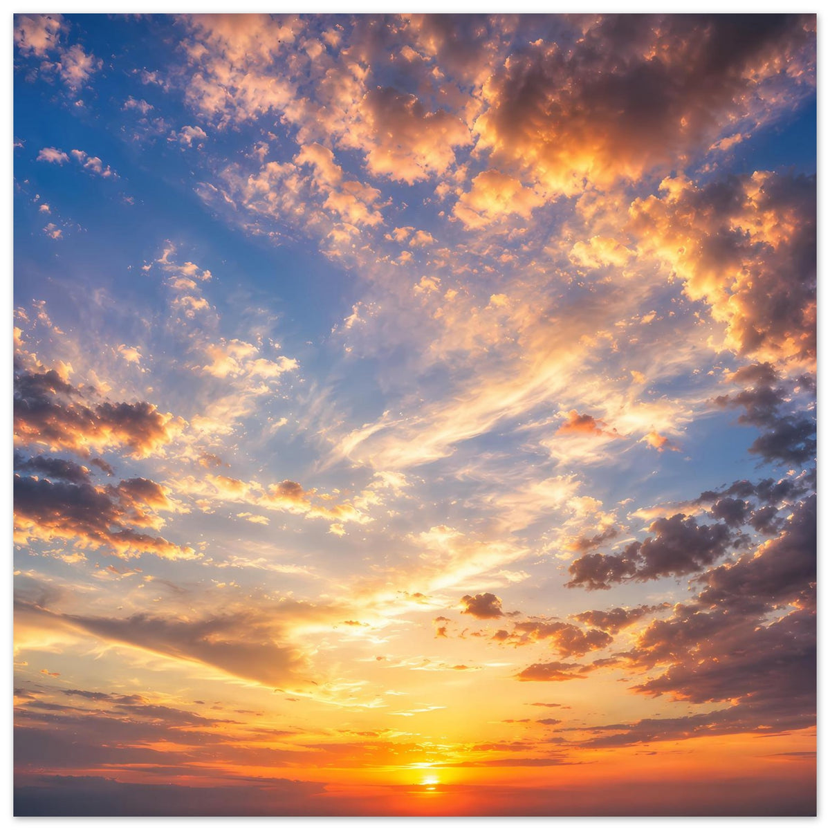 Poster im Hochformat mit Blick auf die untergehende Sonne und Wolken am Himmel