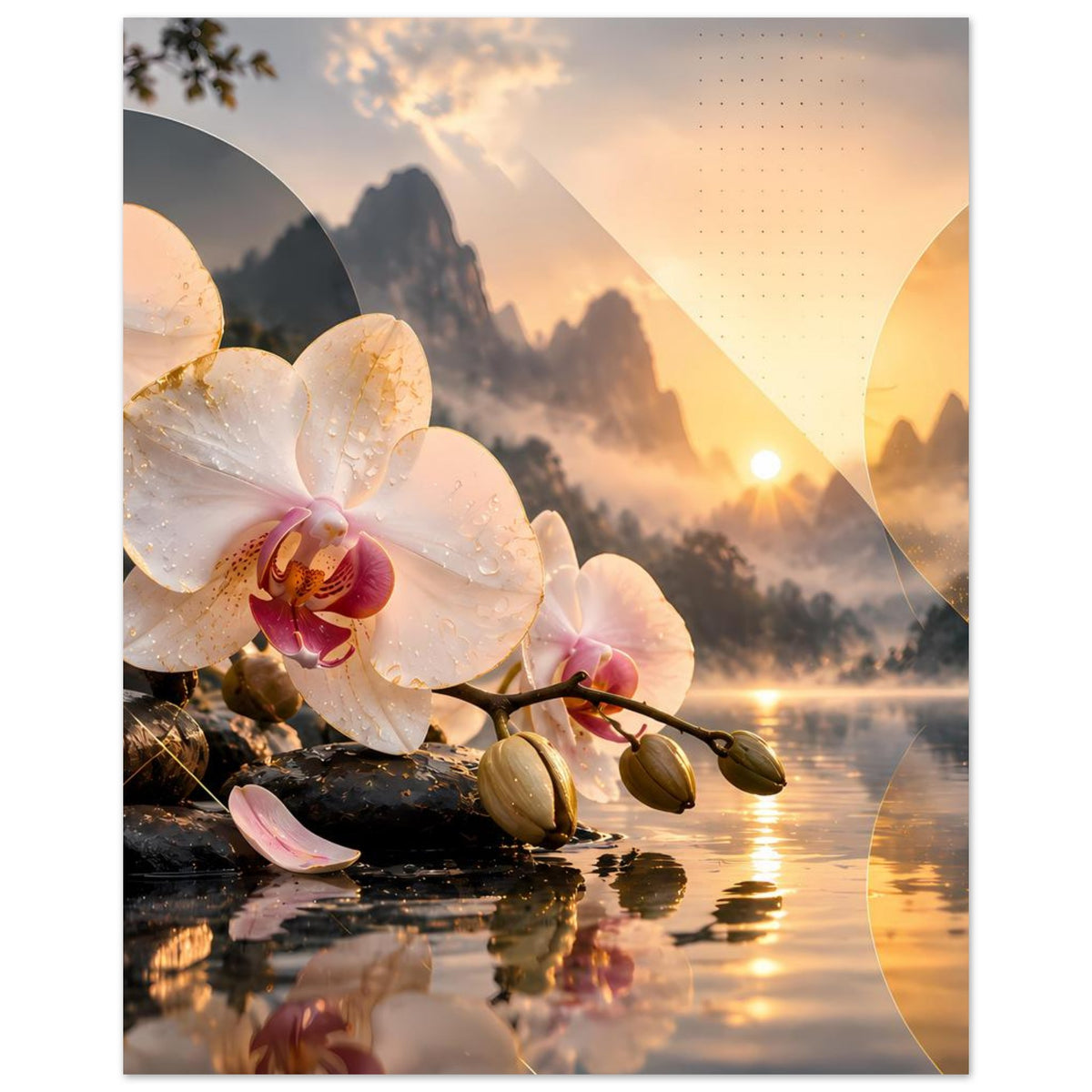 Poster mit weißen Orchideenblüten und Knospen, goldenes Licht über Wasser und Nebel