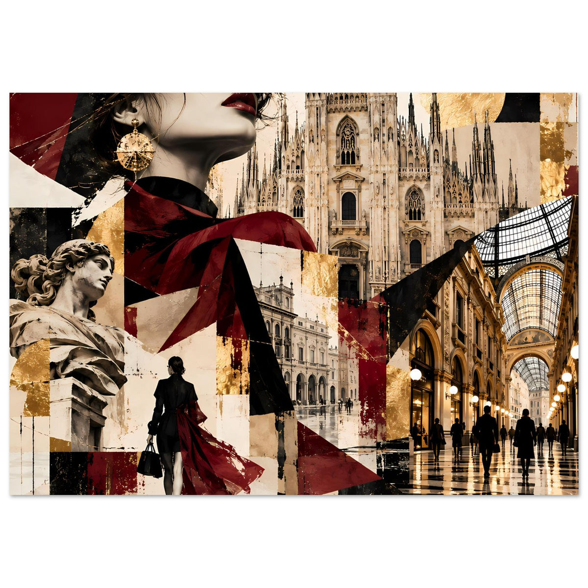 Wandposter mit Collage: Frau im Profil, Silhouette, gotische Architektur, Burgund- und Goldtöne
