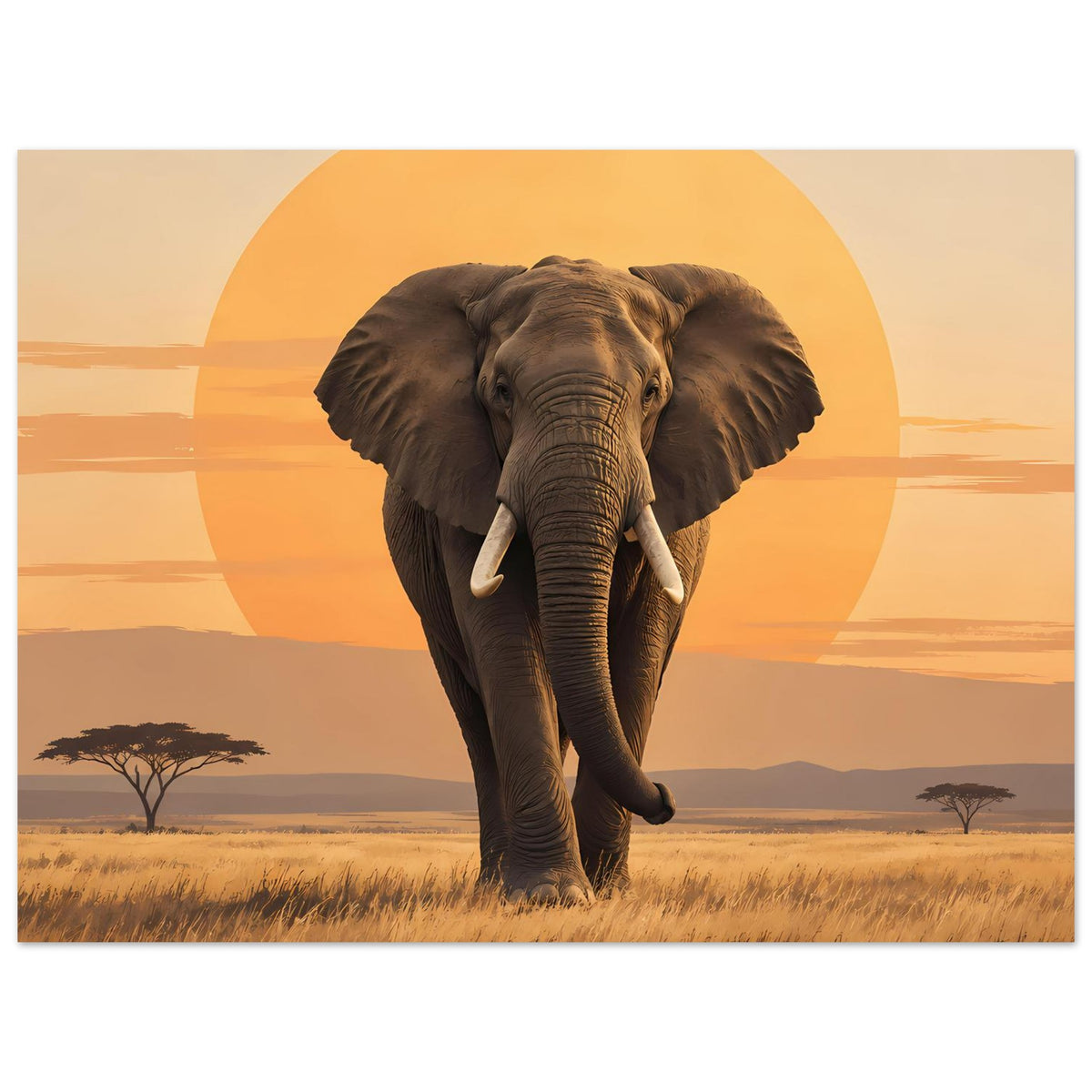 Elefanten-Sonnenuntergangsposter mit Elefant im Zentrum, querformat