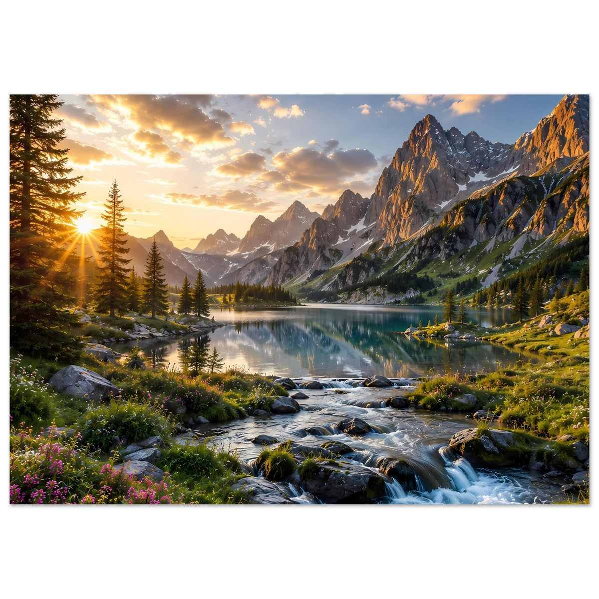 Querformat-Poster: Sonnenaufgang über Bergsee, Wasserlauf mit Felsen, grüne Hänge und Blumen
